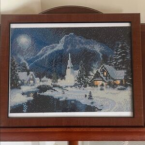 Framed Winter Night Diamond Art — Moonlit Mountain Village